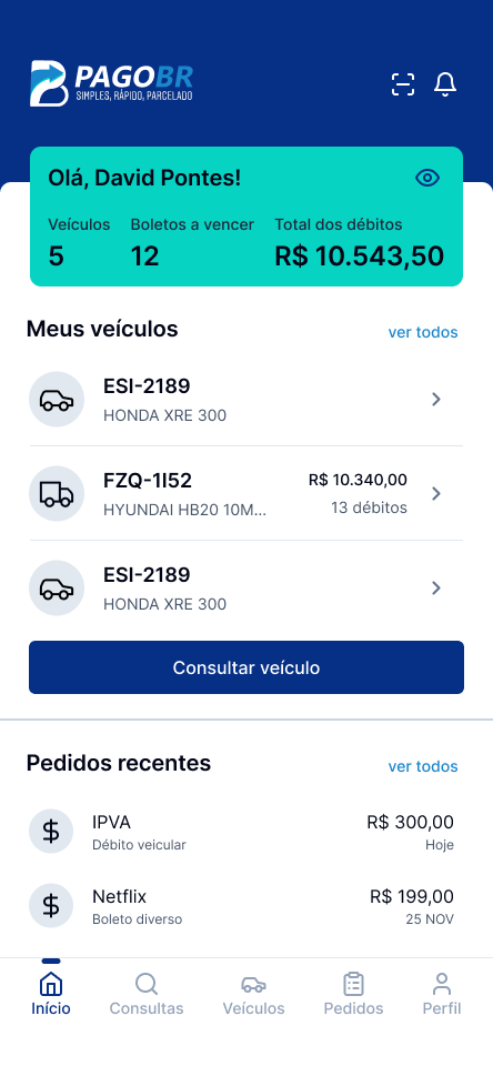Tela inicial do app mostrando dashboard de veículos e débitos