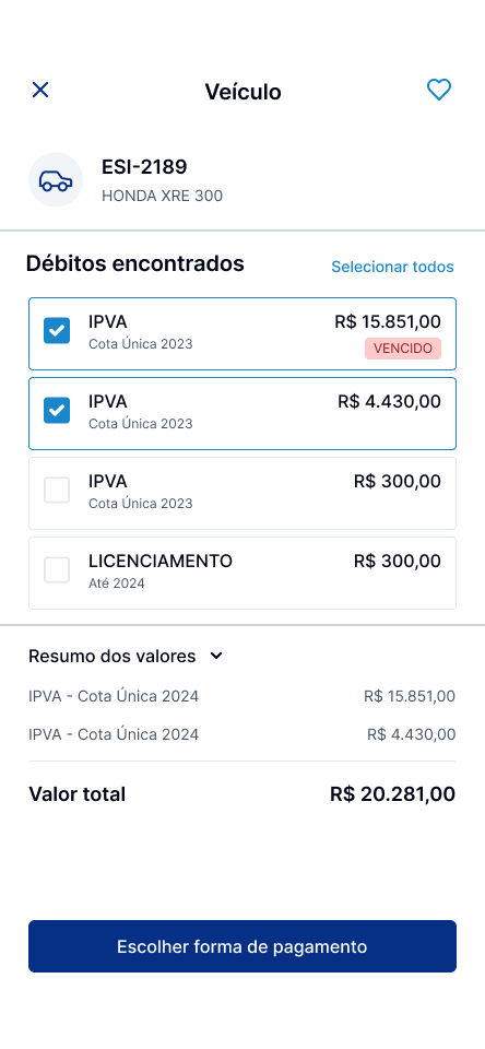 Tela de seleção de débitos do veículo com valores e opções